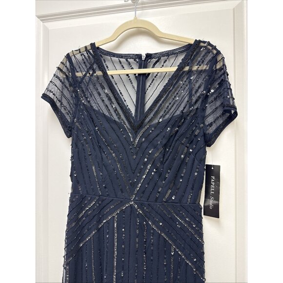 Adrianna Papell Womens Size 2 Navy Beaded V Neck Formal Gown Cocktail Dress NWT - Picture 5 of 12